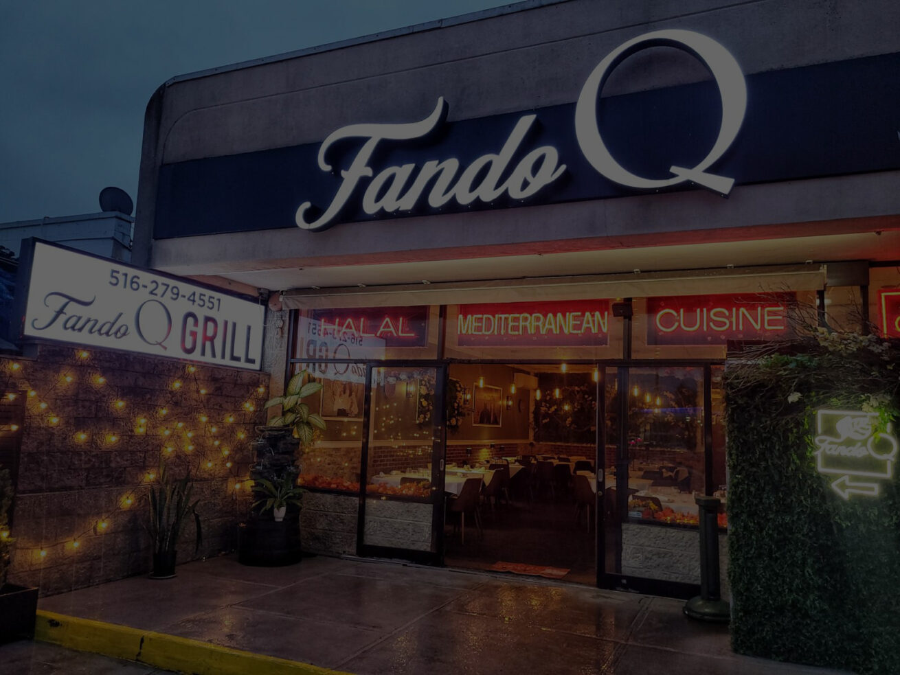 FandoQ NY restaurant exterior at night, Westbury New York